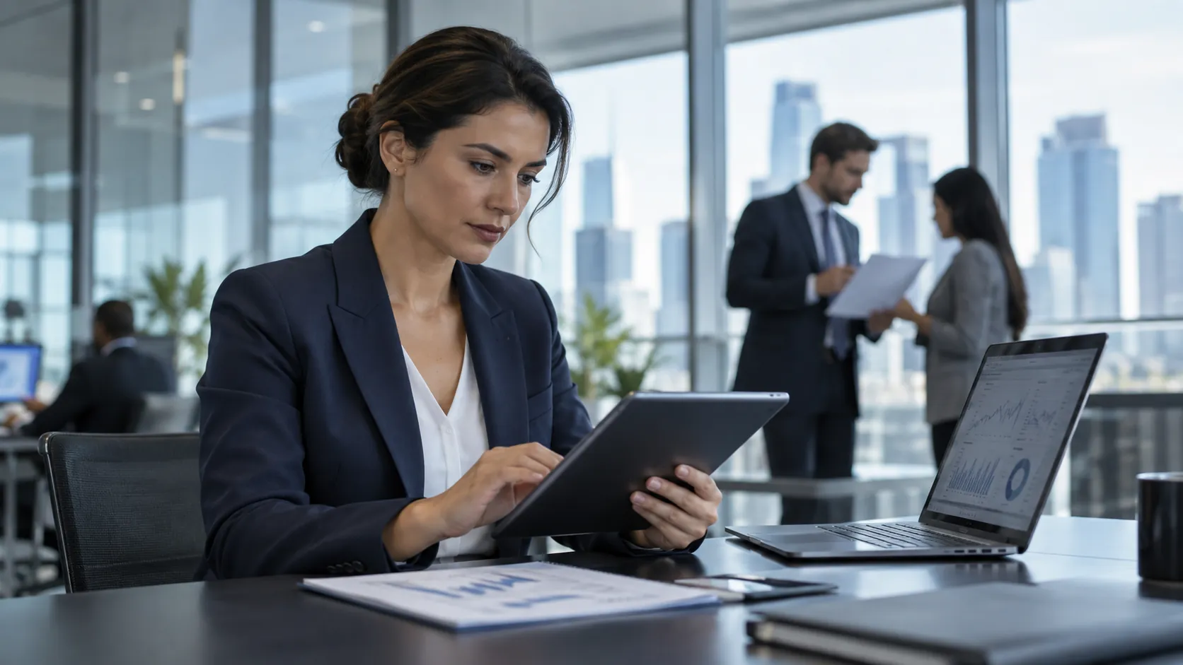 Financial analyst reviewing a tablet in a contemporary office.