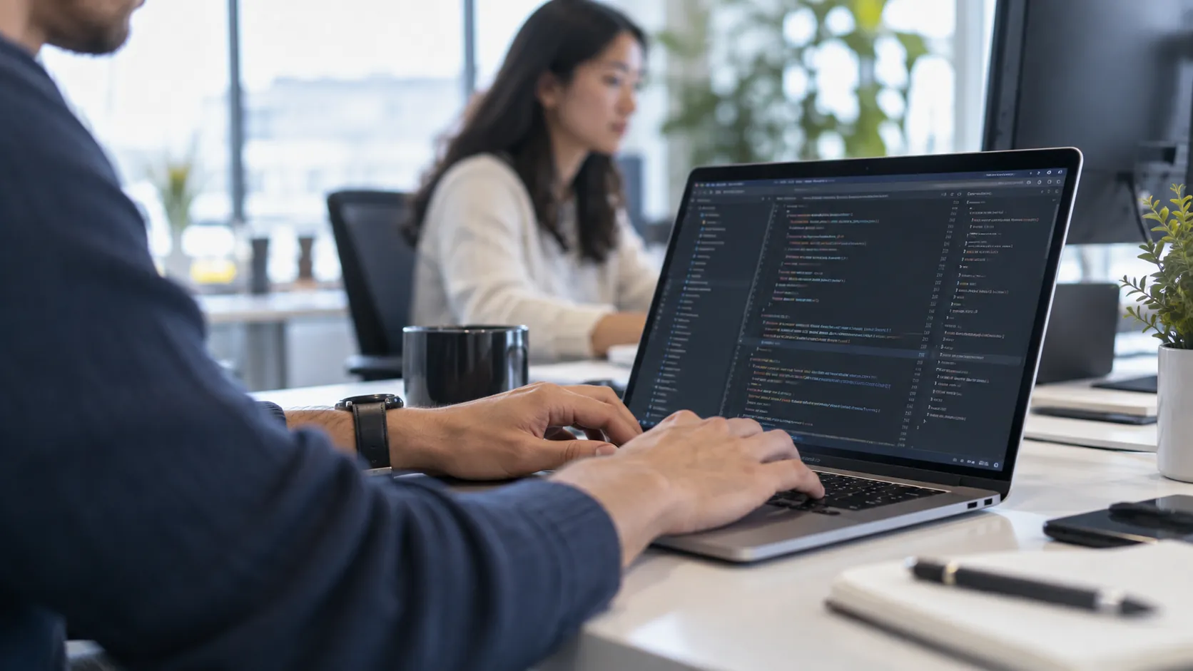 Software developer working at a laptop in a bright office.