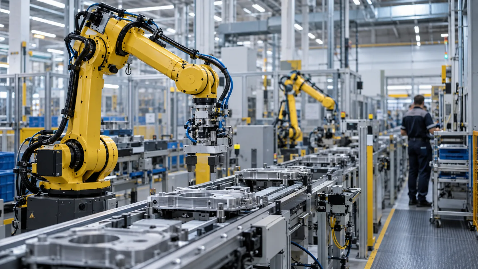 Industrial robotic arm operating on a factory production line.