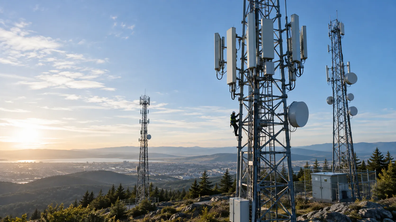 Telecommunications towers on a ridge above a distant city.
