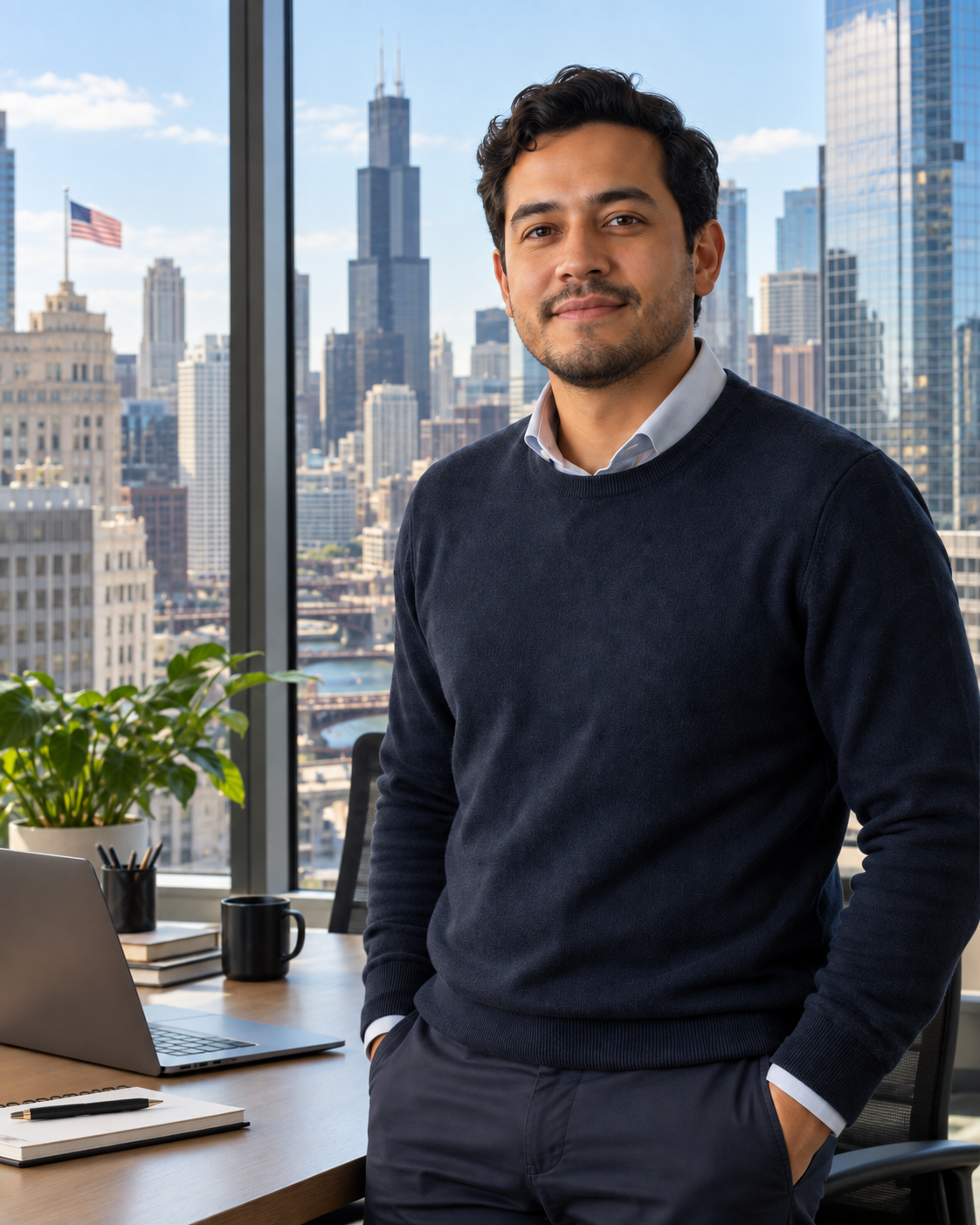 Mexican IT professional in a contemporary U.S. office overlooking a city skyline